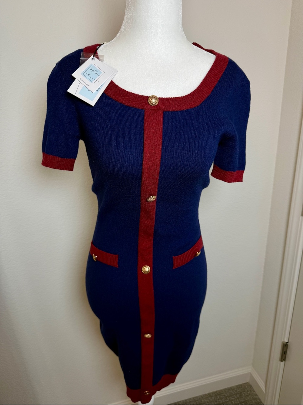 NWT Egreis Navy Red Knit Bodycon Mini Dress Gold Button Preppy Nautical Size S